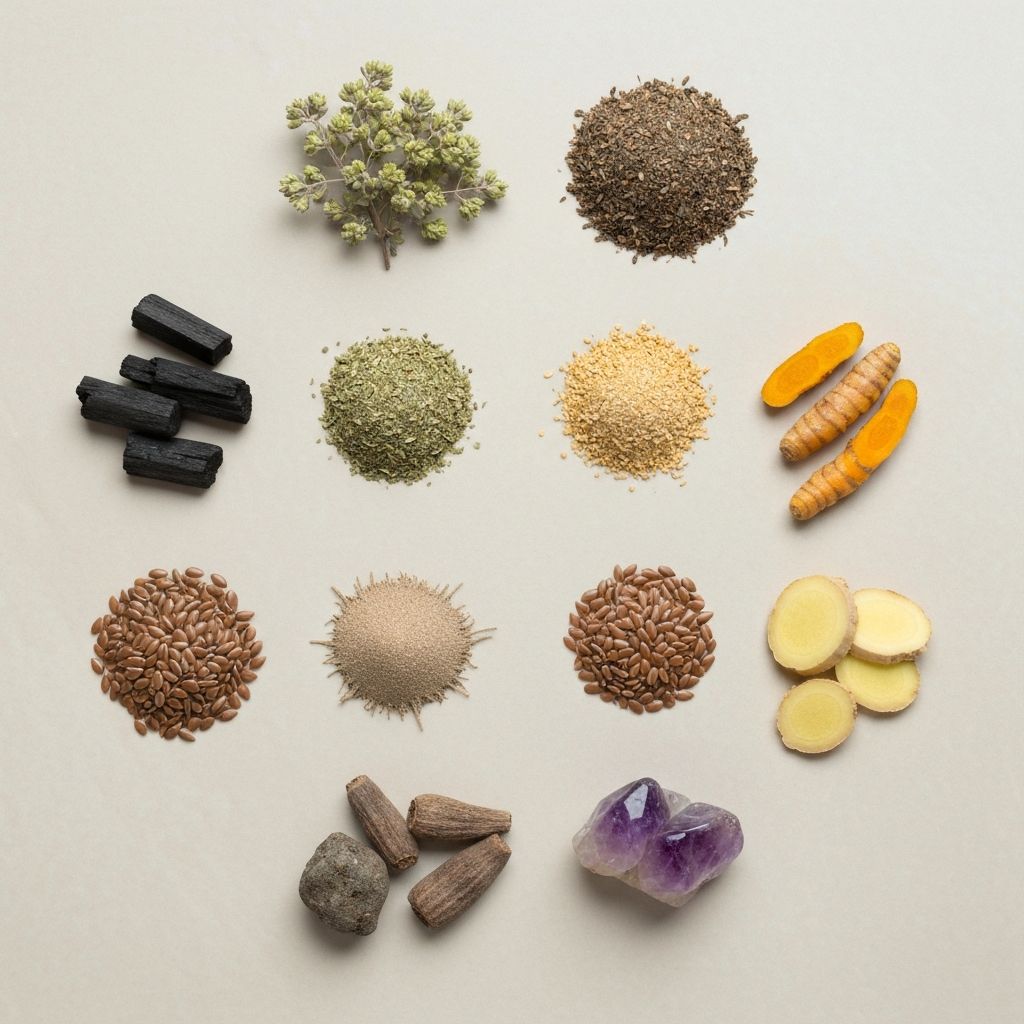Array of natural ingredients and botanical materials